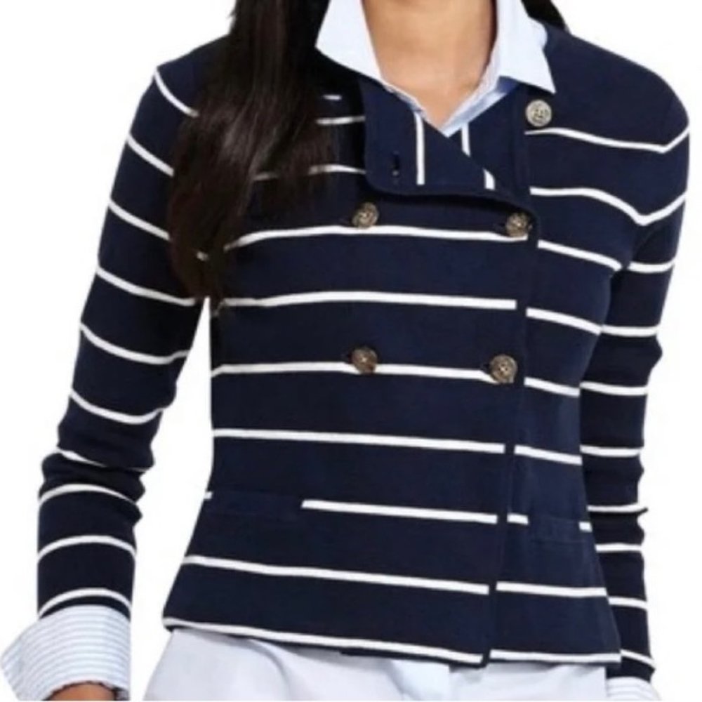 Vineyard Vines Dockside Cardigan Jacket Blue White Nautical Striped Size Medium